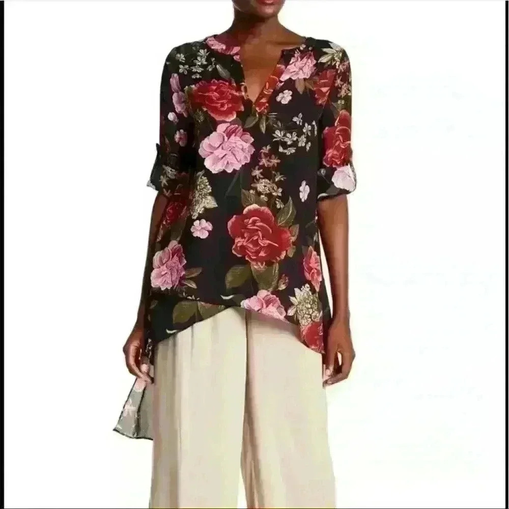 𝅺CATHERINE Malandrino Multicolored Floral Asymmetrical Hem Hi-LoTunic Blouse S